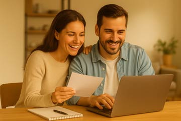 Happy couple at laptop reviewing finances together