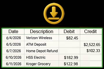 Sample transaction history showing debits and credits
