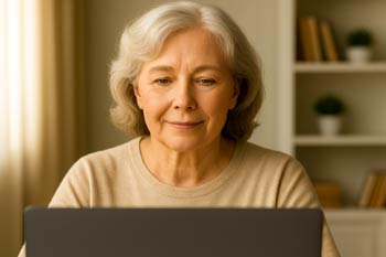 Elderly widow woman sitting in front of laptop