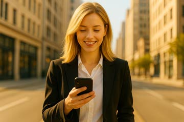 Woman checking LifeLedger Pro Mobile Companion on phone while walking downtown