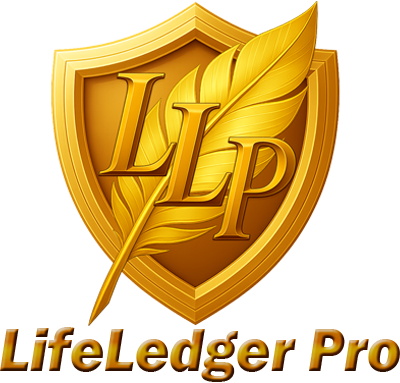 LifeLedger Pro 3D gold logo with shield and quill pen