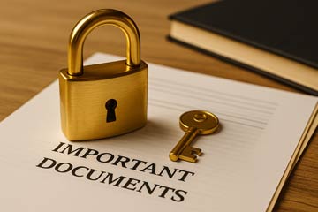 Lock and key with important financial documents representing security