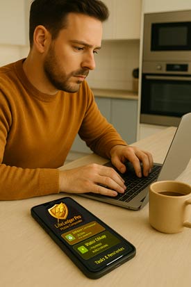 Man sitting in kitchen on laptop with mobile phone laying on table with LifeLedger Pro Mobile Companion on screen