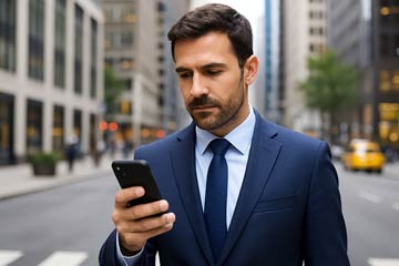 Man looking at LifeLedger Pro Mobile Companion while walking on sidewalk downtown