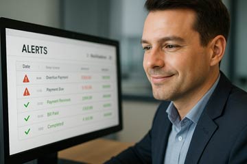 Professional reviewing LifeLedger Pro alerts dashboard showing red overdue warnings and green completed payments