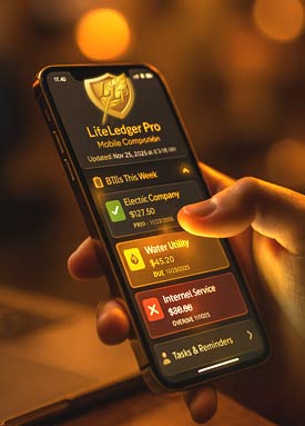 Hand holding smartphone displaying LifeLedger Pro Mobile Companion with color-coded bills - paid bill in green, upcoming bill in gold, overdue bill in red