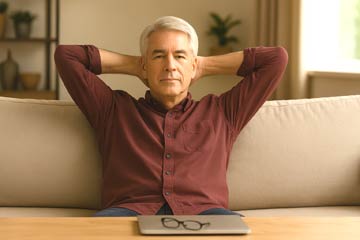 Man satisfied at desk with laptop