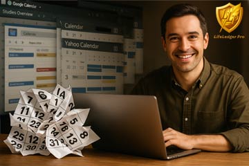 Frustrated man surrounded by crumpled calendar pages showing failed reminder systems