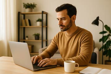 Person working from comfortable home office with laptop and coffee