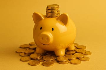 Piggy bank overflowing with gold coins representing savings