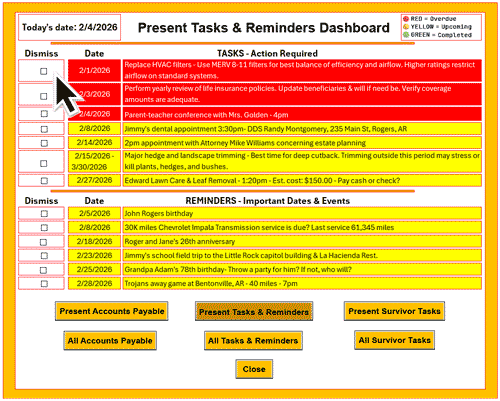 LifeLedger Pro Tasks and Reminders Dashboard showing task completion - red task turns green when checked then disappears as everything moves up