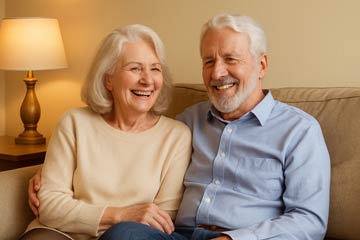 Senior couple smiling and relaxed on couch