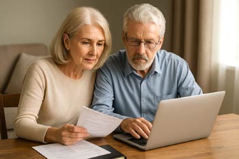Couple reviewing finances on laptop